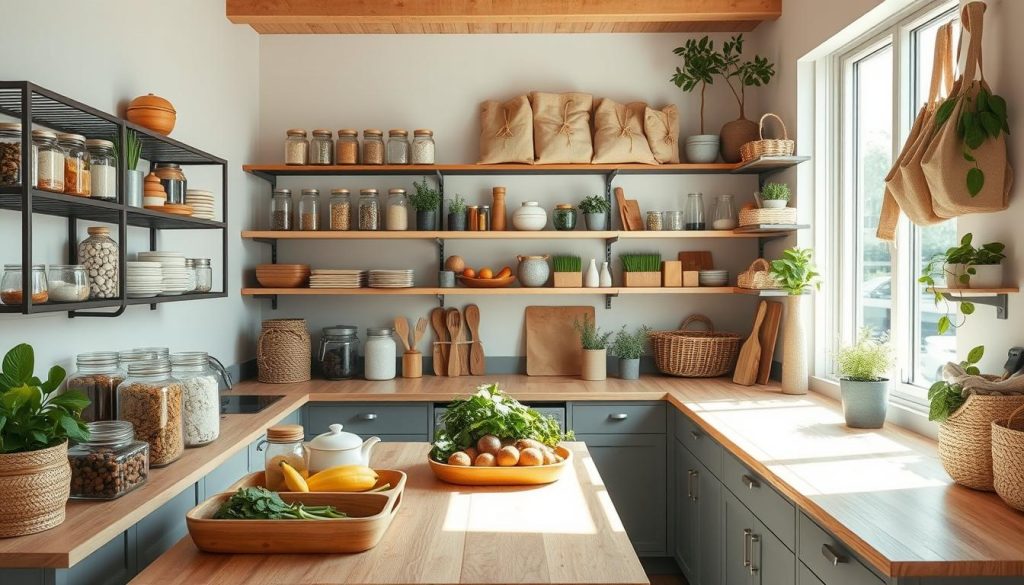A cozy, minimalist kitchen with neatly organized storage solutions made from sustainable materials. A large central wooden counter showcases various glass jars, ceramic containers, and woven baskets filled with dry goods, spices, and fresh produce. The shelves on the walls feature sleek metal racks holding mason jars, bamboo utensils, and reusable cloth bags. Sunlight streams through large windows, casting a warm glow on the natural tones and textures. Subtle pops of green from potted herbs and leafy plants add a touch of life. The overall atmosphere radiates simplicity, functionality, and environmental consciousness.