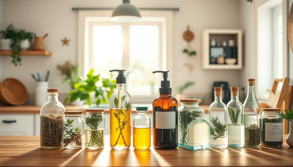 A cozy, well-lit kitchen with a sun-filled window showcasing an array of eco-friendly home health products. In the foreground, glass jars filled with natural cleaning solutions and herbal remedies stand neatly on a wooden countertop. A diffused, warm lighting illuminates the scene, highlighting the earthy tones of the sustainable materials. In the middle ground, potted plants and recycled glass bottles add pops of greenery, reflecting the natural and holistic approach to home health. The background features a bright, airy space with minimalist decor, conveying a sense of tranquility and wellness. The overall atmosphere exudes a calming, nurturing vibe, inviting the viewer to embrace a greener, more mindful lifestyle.