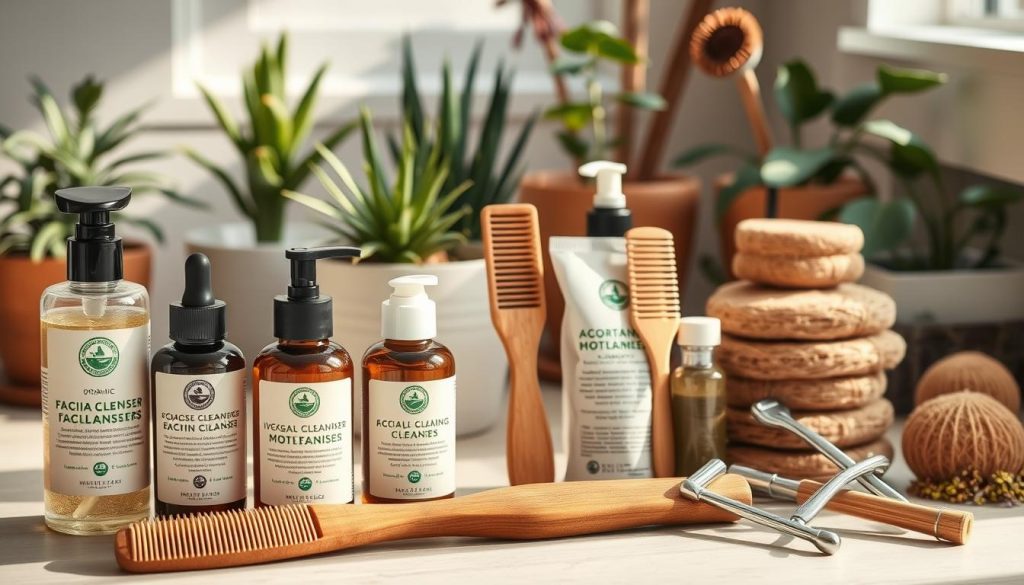 A neatly arranged still life of sustainable grooming products, bathed in warm, natural lighting. In the foreground, an array of eco-friendly facial cleansers, moisturizers, and serums in earthy-toned packaging, their labels highlighting organic, cruelty-free, and vegan ingredients. In the middle ground, a bamboo comb, a wooden hairbrush, and a set of metal reusable razors. In the background, potted plants, a stack of natural sponges, and a few dried herbs or flowers, creating a calming, spa-like atmosphere. The overall composition emphasizes the benefits of switching to natural, sustainable self-care products.