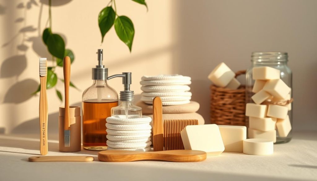 A neatly arranged still life of zero-waste home wellness essentials set against a soft, natural background. In the foreground, a bamboo toothbrush, a reusable cotton swab holder, and a glass soap dispenser. The midground features a stack of reusable cloth pads, a wooden comb, and a glass jar filled with solid shampoo bars. In the background, hanging plant leaves and a woven basket add a serene, earthy atmosphere. Warm, indirect lighting from the side casts gentle shadows, emphasizing the organic textures and neutral color palette. The overall mood is one of simplicity, sustainability, and mindful self-care.