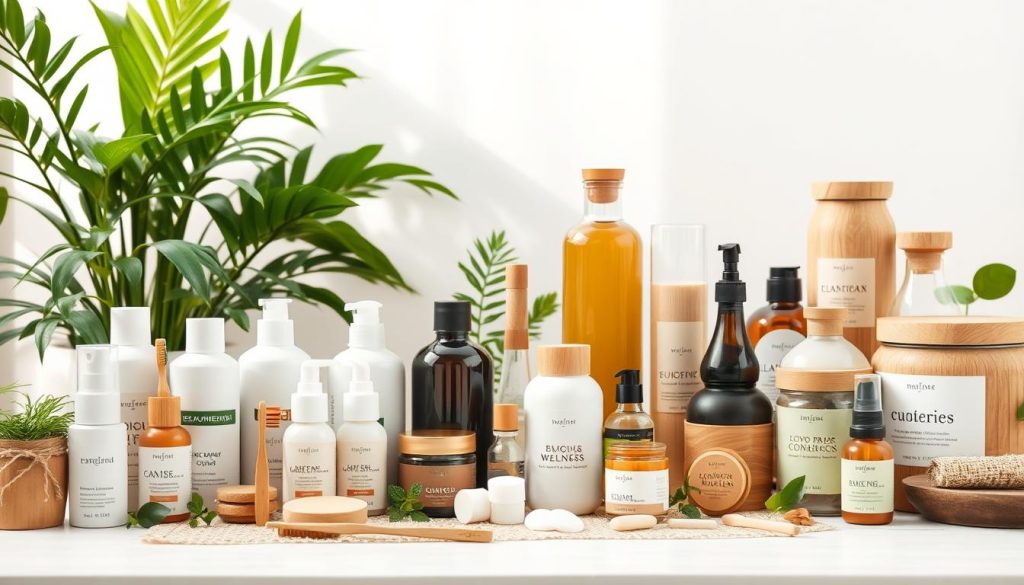 A neatly organized display of eco-friendly wellness products against a light, airy backdrop. In the foreground, an assortment of natural cosmetics, organic toiletries, and reusable wellness accessories like bamboo toothbrushes and biodegradable face pads. The middle ground showcases sustainable home items such as refillable glass bottles, plant-based cleaning supplies, and wooden storage jars. The background features lush, verdant plants and soft, diffused lighting, creating a calming, nature-inspired ambiance. Textures are highlighted, emphasizing the high-quality, artisanal nature of the products. The overall composition conveys a sense of wellness, mindfulness, and environmental consciousness.