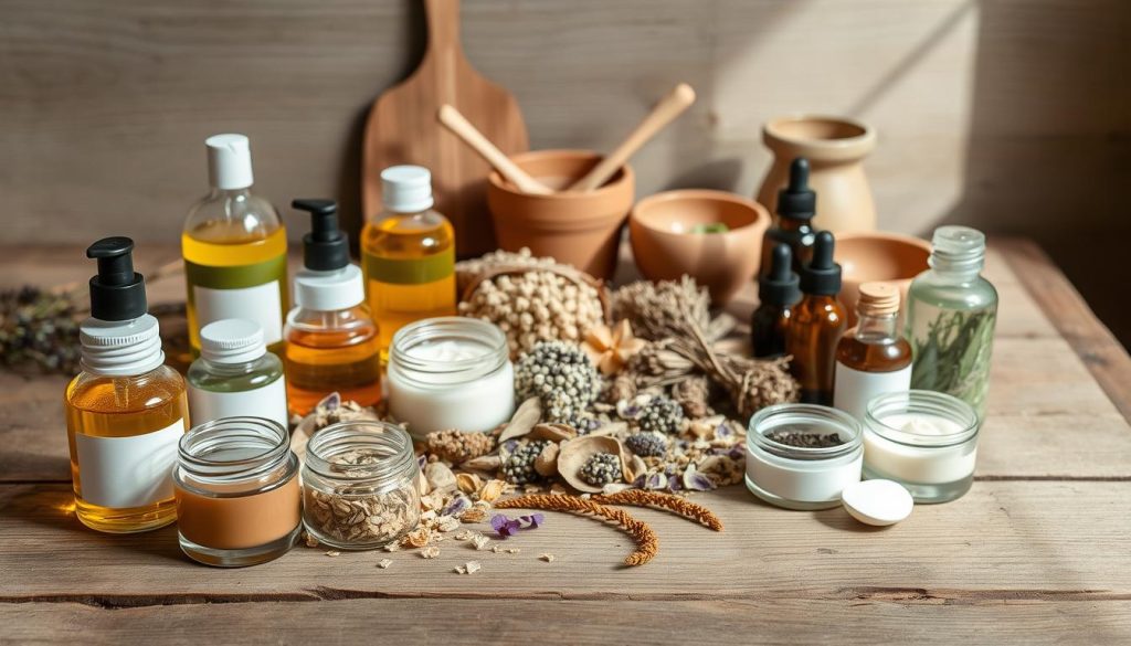 A still life arrangement of various natural skincare items laid out on a rustic wooden table. In the foreground, a selection of glass jars containing organic oils, creams, and serums. The middle ground features an assortment of dried flowers, herbs, and botanicals. In the background, a few simple clay bowls and wooden utensils create a minimalist, earthy atmosphere. Soft, natural lighting illuminates the scene, casting gentle shadows and highlighting the natural textures and colors of the ingredients. The overall mood is one of simplicity, purity, and a connection to nature.