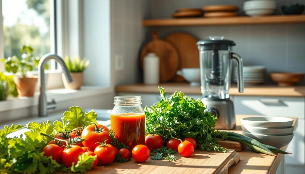 A sun-dappled kitchen counter, adorned with a vibrant arrangement of organic produce - crisp lettuce, ripe tomatoes, fragrant herbs, and a glass jar filled with freshly pressed juice. In the background, natural light filters in through a large window, casting a warm glow over the scene. On the counter, a wooden cutting board stands ready, accompanied by a set of ceramic bowls and a sleek, minimalist blender - the tools of an intentional, health-conscious lifestyle. The overall atmosphere exudes a sense of balance, simplicity, and a celebration of nature's bounty.
