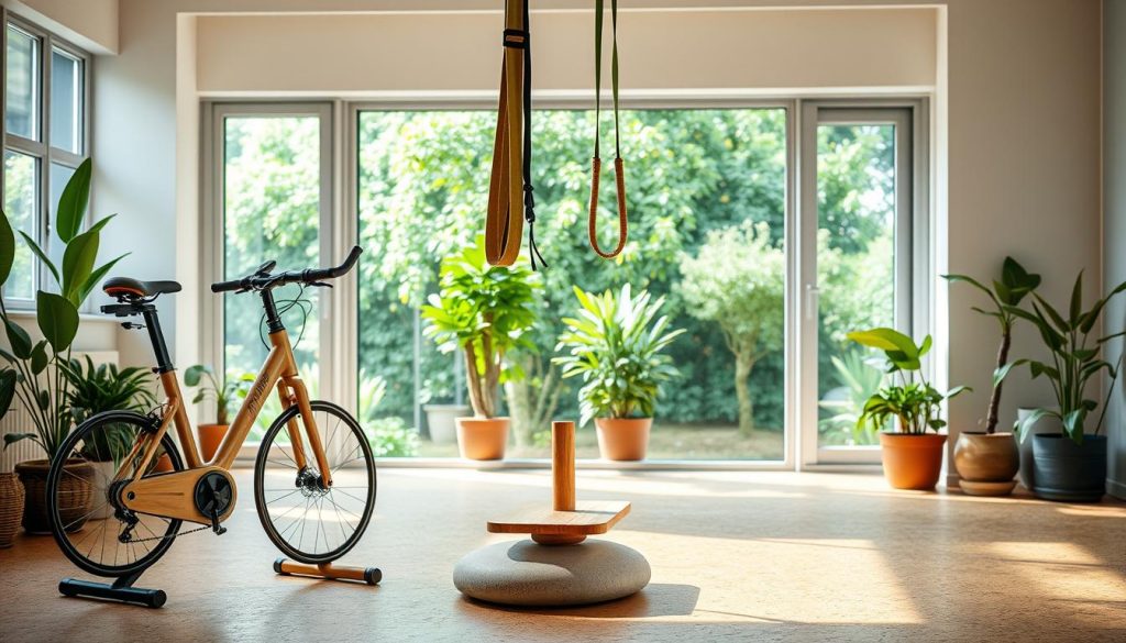 A tranquil, eco-friendly fitness studio filled with natural light. In the foreground, a sleek, bamboo stationary bicycle stands on a cork flooring. Suspended from the ceiling, a set of resistance bands made from recycled materials hang gracefully. In the middle ground, a wooden balance board sits atop a smooth river rock base, inviting visitors to challenge their core strength. The background features potted plants and large windows, offering a serene view of a lush, verdant garden. The overall atmosphere is calming and rejuvenating, reflecting a commitment to sustainable wellness solutions.