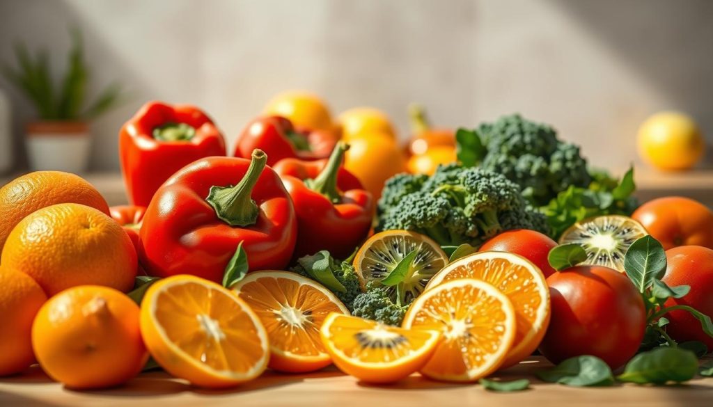 A vibrant still life showcasing an assortment of vitamin C-rich foods against a bright, airy backdrop. In the foreground, a mix of juicy oranges, vivid red bell peppers, and crisp kiwi slices are arranged with care, casting warm, natural shadows. The middle ground features a scattering of leafy greens like spinach and broccoli florets, their deep hues complementing the citrus tones. Behind, a soft, out-of-focus background depicts a sunny kitchen countertop or wooden table, enhancing the fresh, wholesome atmosphere. Diffused lighting from above casts a gentle glow, accentuating the vibrant colors and textures of the produce. The overall composition conveys the abundance and nutritional power of these immunity-boosting, vitamin C-rich foods.