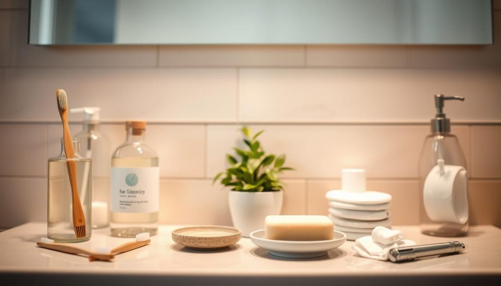 A well-lit bathroom counter displaying an array of non-toxic, eco-friendly bathroom essentials. In the foreground, there are glass bottles filled with natural cleaning solutions, bamboo toothbrushes, and a soap dish with a handmade bar of soap. In the middle ground, a small potted plant adds a touch of greenery, and a set of reusable cotton pads and a safety razor sit neatly arranged. The background features a soothing, neutral-toned tile wall, with warm, indirect lighting creating a calming, serene atmosphere. The overall scene conveys a sense of simplicity, sustainability, and a commitment to mindful, non-toxic living.