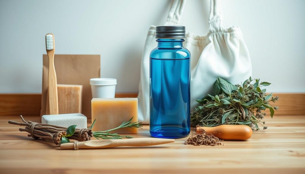 A well-lit, high-resolution photograph of a variety of eco-friendly wellness products, including a bamboo toothbrush, a glass water bottle, a bar of organic soap, a reusable cotton tote bag, and a bundle of dried herbs, all artfully arranged on a natural wooden surface. The lighting is soft and diffused, creating a warm, inviting atmosphere. The products are showcased in a clean, minimalist style that highlights their natural, sustainable qualities.